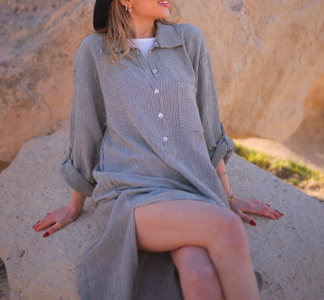 Grey Striped Double Gauze Muslin Cotton Shirt Dress