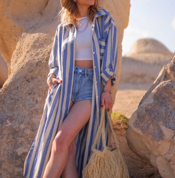 Striped Long Linen Shirt Dress $140