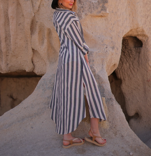Striped Long Linen Shirt Dress $140