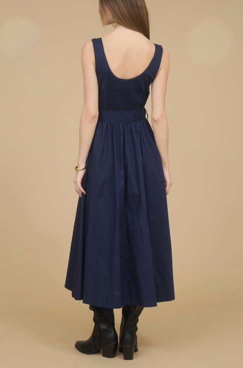 Navy Blue Sleeveless Belt Tie Strap A-Line Midi Dress