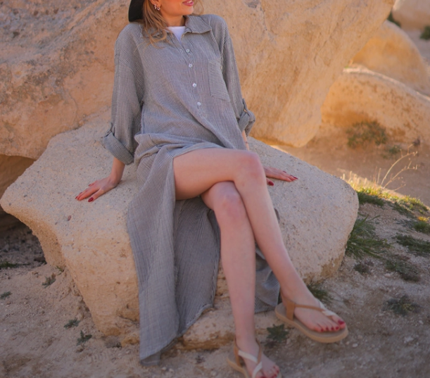 Grey Striped Double Gauze Muslin Cotton Shirt Dress