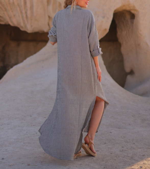 Grey Striped Double Gauze Muslin Cotton Shirt Dress