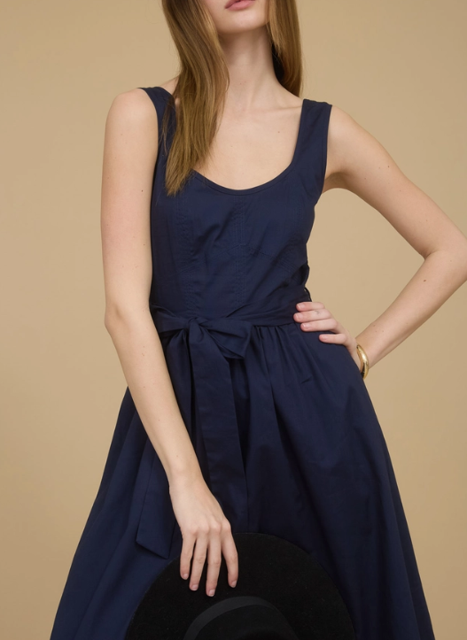 Navy Blue Sleeveless Belt Tie Strap A-Line Midi Dress