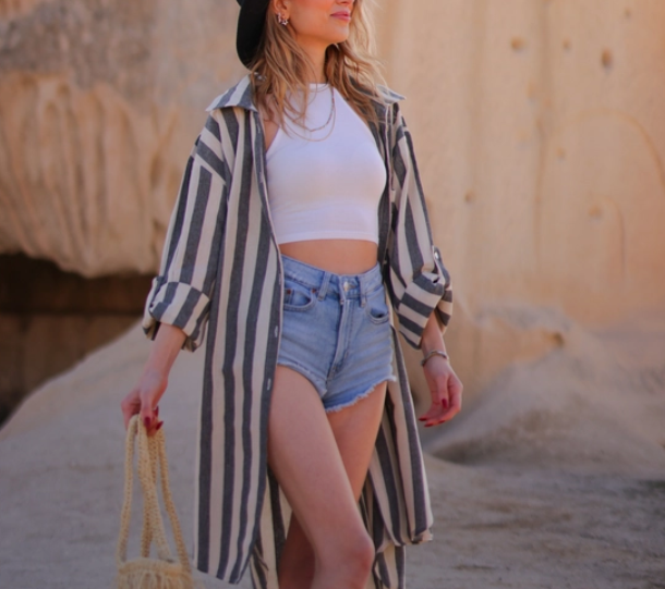 Striped Short Linen Shirt Dress $130