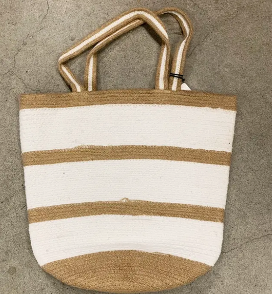 White Stripe Cotton Jute Bucket Bag