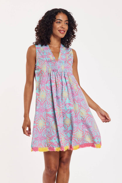 DAP Felice Dress Majolica Arbor Blue Red Gold Spring Summer $95