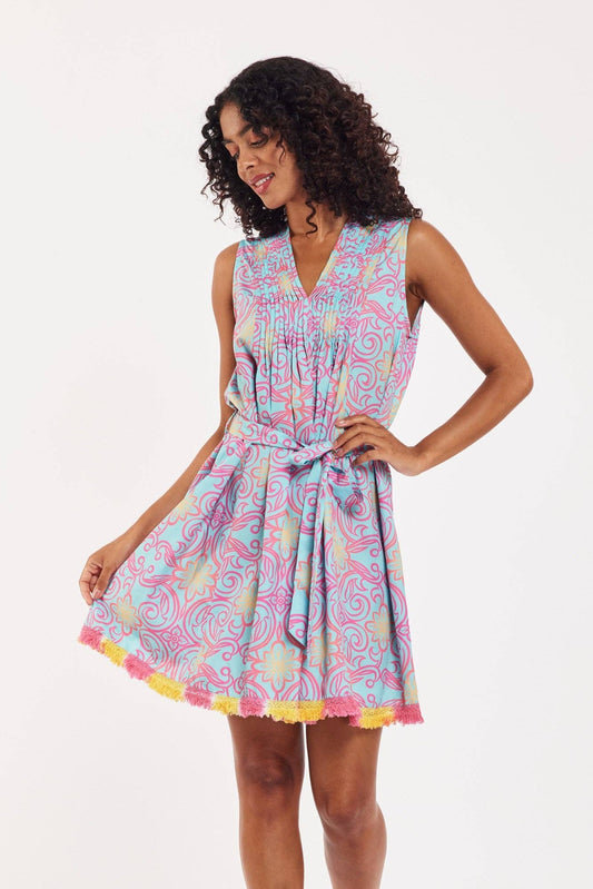 DAP Felice Dress Majolica Arbor Blue Red Gold Spring Summer $95