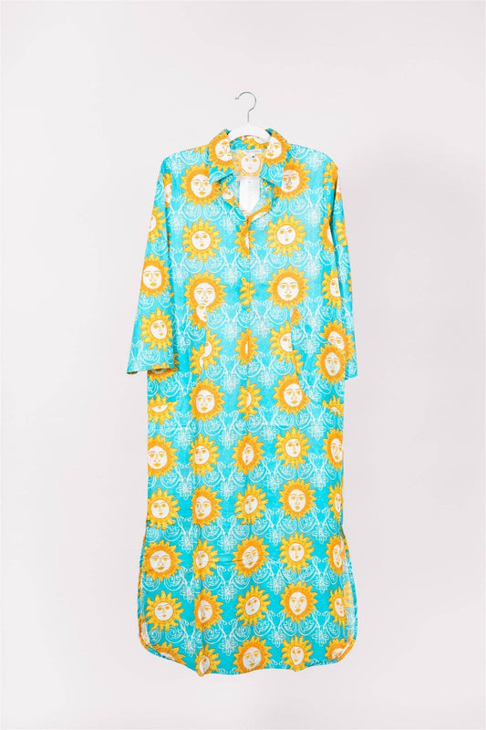 DAP Gabriella Maxi Caftan Shirt Dress Aqua Blue Orange Spring $100
